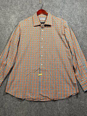 Corporate  Image for Tom James Shirt Mens XL Orange Blue Plaid Button Up